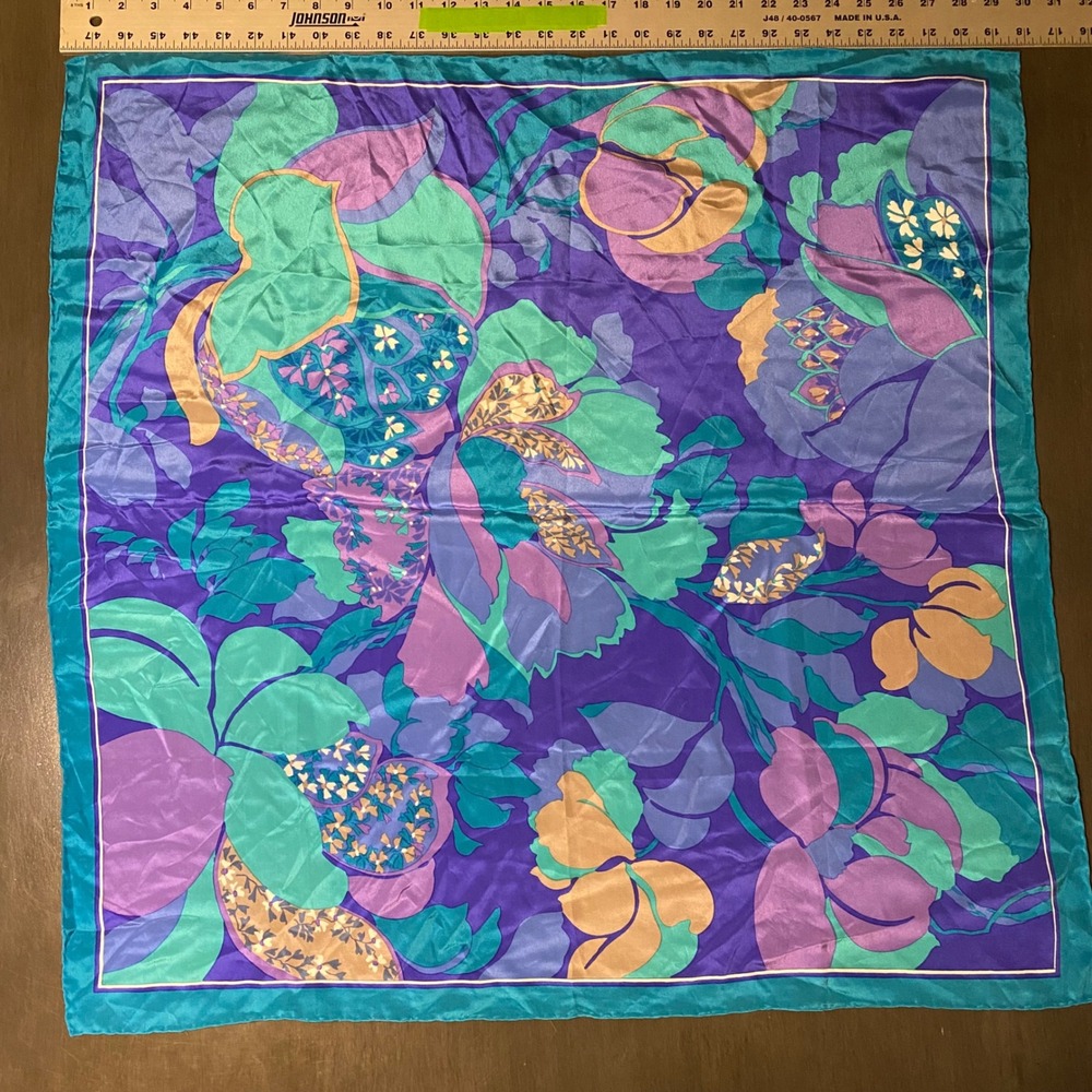 Vintage Floral Scarf Purple Teal Gold Abstract Silky Hand Rolled Edge 30x30